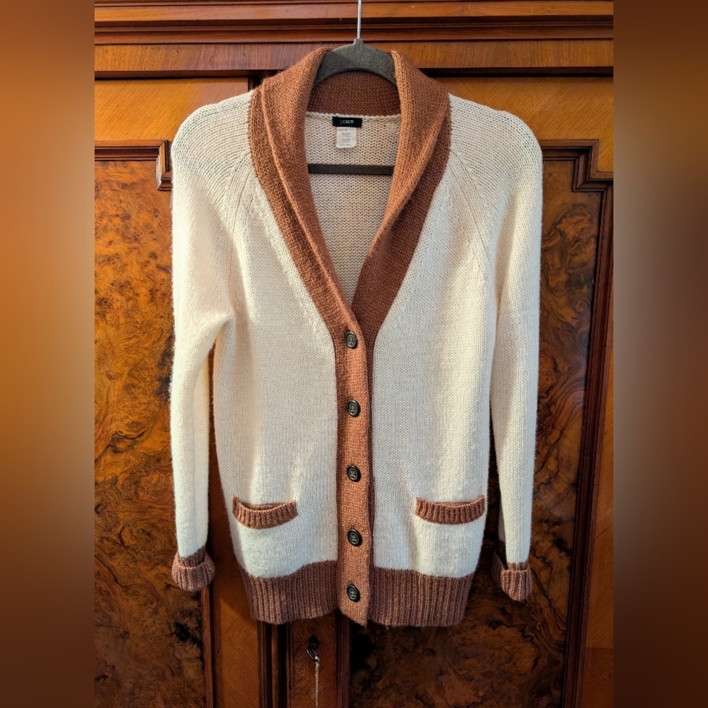 J Crew Gatsby 20s-30s Style Cardigan Sweater Cream with Mocha Trim Sz M